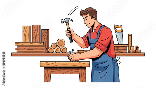 Craftsman at Work: A dedicated craftsman meticulously hammers a nail into a wooden plank, showcasing his expertise and the art of carpentry. The scene is filled with the tools of the trade.