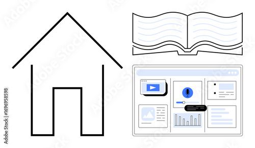 Open book, house outline, and web interface with charts and visuals reflecting concepts of learning, remote work, and online access. Ideal for education, remote work, technology, analytics