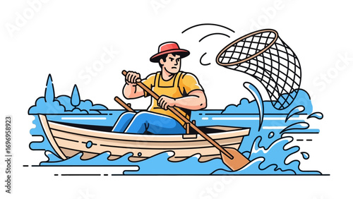 Fishing Adventure Illustration: A determined individual navigates turbulent waters in a quaint wooden boat, skillfully wielding an oar and a fishing net, embarking on a quest for aquatic treasures.