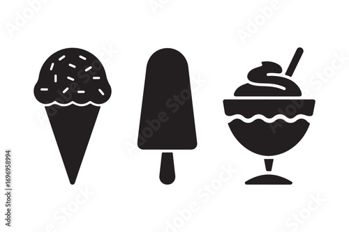 Three silhouette icons of frozen desserts
