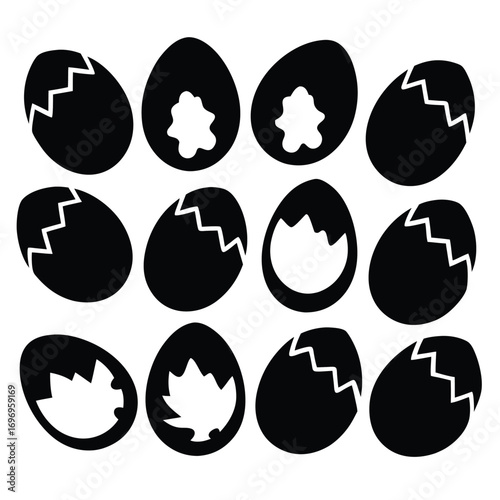 Vector Easter Eggs Black Silhouettes of Cracked and Hatching Eggs, Easter Designs