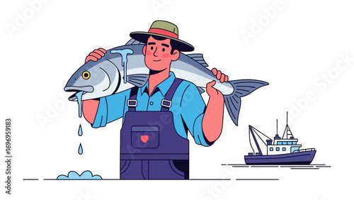 The Catch of the Day: A depiction of a fisherman proudly displaying his sizable fresh catch, near a fishing vessel, illustrating the essence of fishing industry