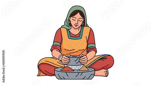 Woman Grinding Spices: An illustrative depiction of a woman, absorbed in the traditional act of grinding spices, immersed in the aromatic experience and cultural heritage of a vibrant kitchen scene.