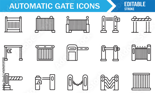 Collection of modern automatic gate vector icons with swing, sliding, barrier arm, and turnstile entrances