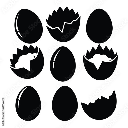 Black Egg Silhouette Graphic Collection Whole, Broken, and Cracked Eggs Iconography