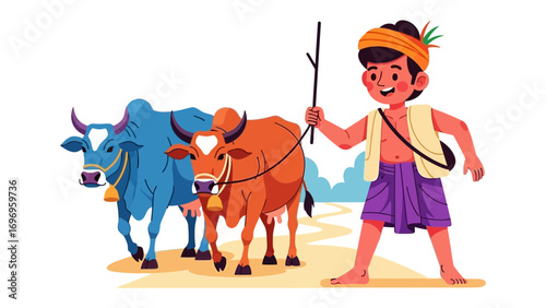 Young Boy and Cattle: A cheerful young boy leads two oxen down a rustic lane. It captures the idyllic charm of pastoral life.