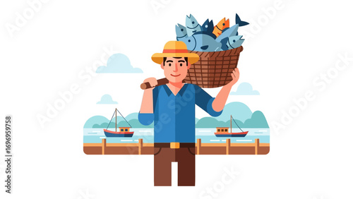Fisherman’s Bounty: An illustration of a fisherman, overflowing with a basket of freshly caught fish, symbolizes prosperity and livelihood.
