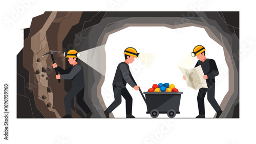 Digging into Prosperity: A team of hard-working miners labor diligently within a dark tunnel, illuminated by their headlamps. The scene is filled with dynamic work, and the promise of treasures.
