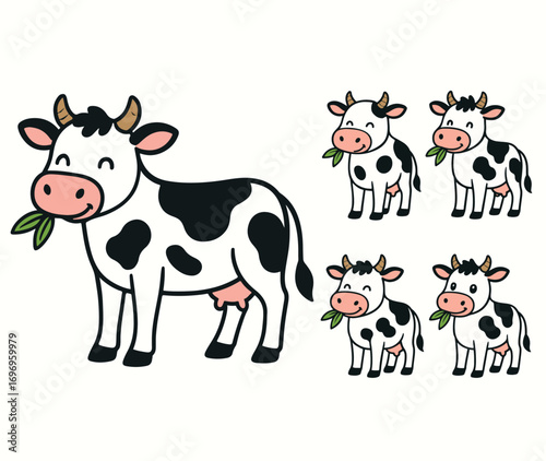 Cute cartoon cow eating – standing farm animal vector collection.
