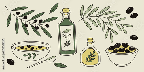 a vector illustration of olive oil bottles, olive branches with black olives, and bowls of olives and olive oil.