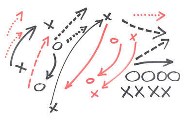 Hand draw strategy game plan for football, basketball, handball, sketched black marker, isolated on white, clipping path, design elements