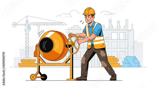 Construction Worker and Concrete Mixer: A determined construction worker expertly operates a concrete mixer at a construction site, his dedication and commitment radiating from the image.