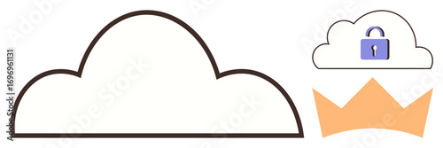 Cloud outline, secured cloud with lock icon, orange crown illustration. Ideal for security, technology, priority, internet, protection data management cloud services. Simple flat metaphor