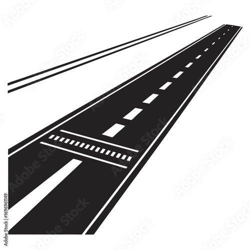 Black and white graphic of a highway perspective with dashed lines road asphalt