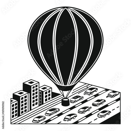 Black and white hot air balloon over congested city highway traffic jam cars