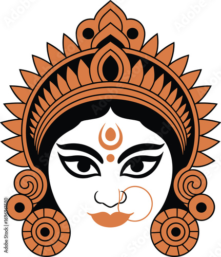 Durga Face Illustration with Traditional Ornamentation and Third Eye