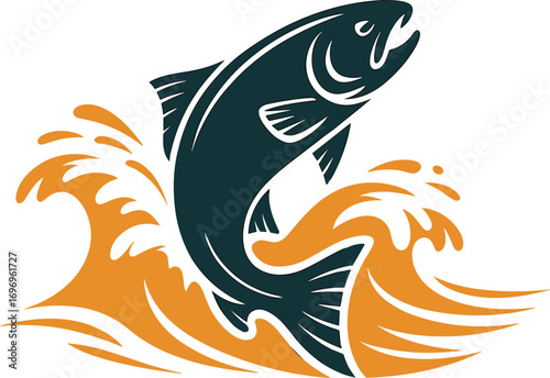 Leaping Salmon Silhouette Illustration with Water Splash Graphic Design