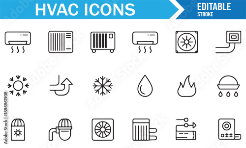 Collection of climate control line icons including HVAC appliances, airflow, cooling, and heating equipment