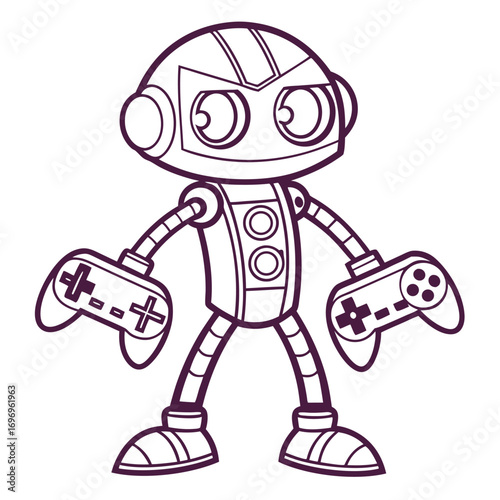 Cartoon robot character holding two video game controllers vector