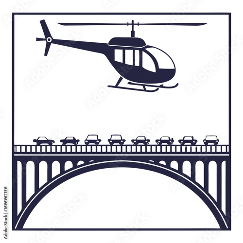 Dark blue helicopter flies above cars on a bridge aircraft traffic