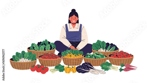 Harvest Bounty: A woman is surrounded by bountiful baskets overflowing with fresh, vibrant vegetables and the essence of a farm-to-table lifestyle, celebrating natural freshness and healthy eating.