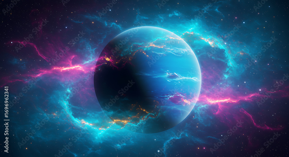 Fototapeta premium Celestial Wonder A Cosmic Spectacle of a Planet Surrounded by Nebula
