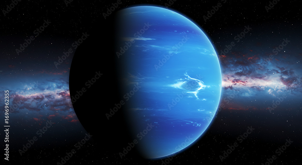 Fototapeta premium Futuristic sci-fi view of a mysterious blue ice giant planet against a vibrant cosmic nebula