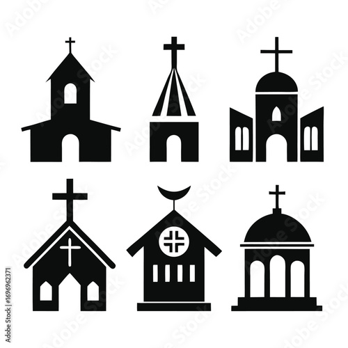 Six Distinct Church Building Silhouettes Religious Architecture Vector Graphic Illustration Icons