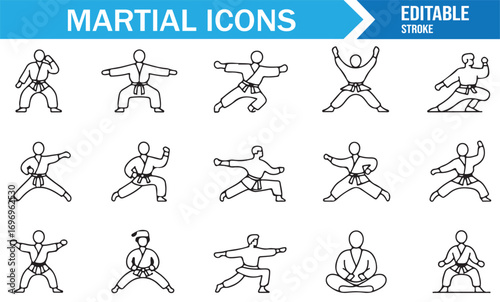 Vector martial arts icon collection with karate poses, self defense stances, fighting techniques, and sports practice movements