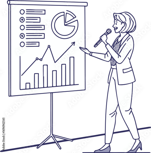 Line Art Illustration of Woman Presenting Financial Data and Charts with Microphone