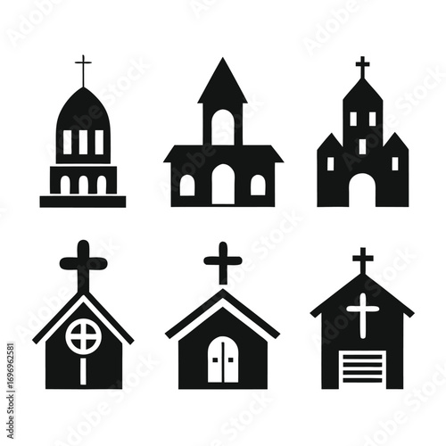 Six Black Silhouette Church Icons Featuring Different Styles, Crosses, and Architectural Designs