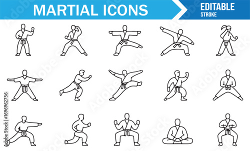 Editable martial arts symbols of karate fighters in attack, defense, sparring, and balance poses for sports vector illustration