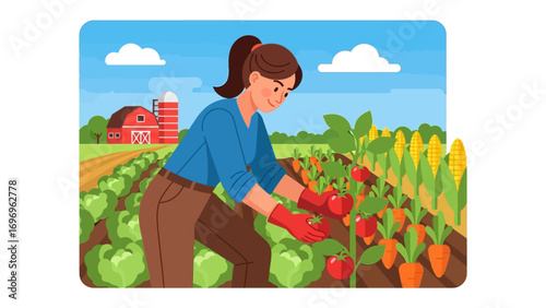 Harvest Harmony: A woman tending a vibrant garden, carefully picking ripe vegetables. A visual celebration of nature's bounty, highlighting the joy of sustainable living.