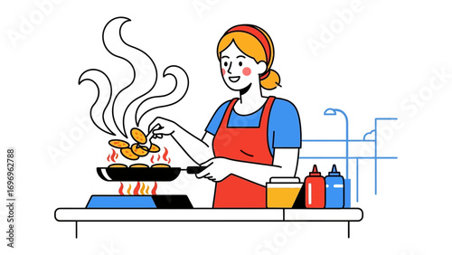 Culinary Craftsmanship: A skilled individual expertly flips hot, golden pancakes in a sizzling pan, with fragrant steam swirling upwards, capturing the essence of domestic joy and gastronomic delight.