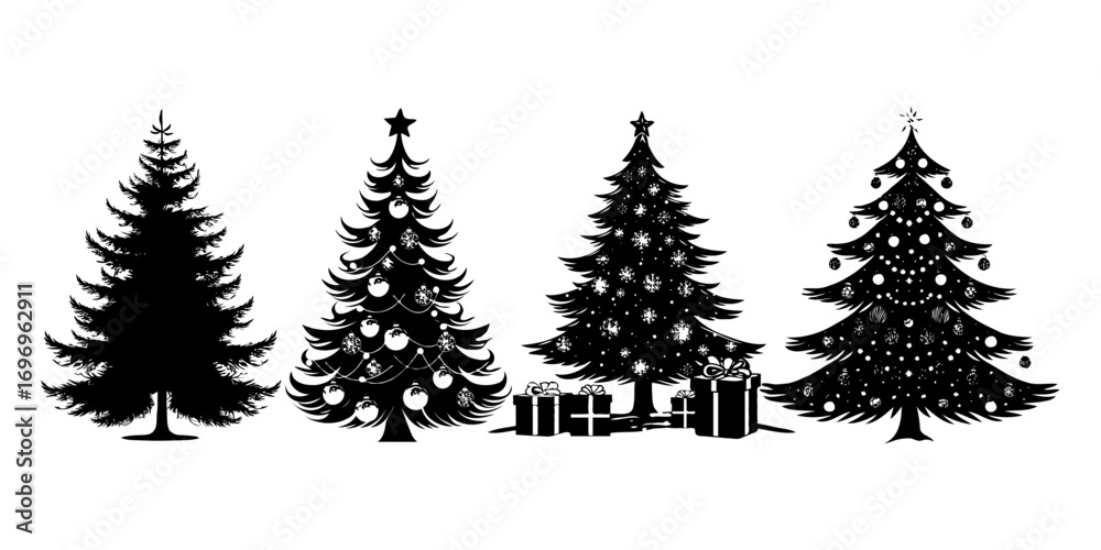 Obraz premium Silhouettes of four Christmas trees with ornaments and presents in flat graphic style on white background, concept of festive holiday decoration