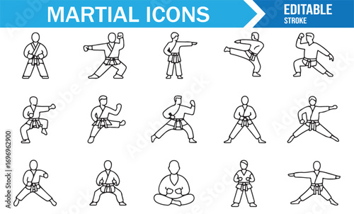 Karate outline icon set with martial art poses, training practice, fighting stances, combat moves, and dojo discipline symbols