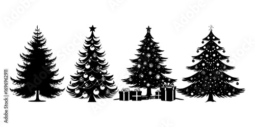 Silhouettes of four Christmas trees with ornaments and presents in flat graphic style on white background, concept of festive holiday decoration