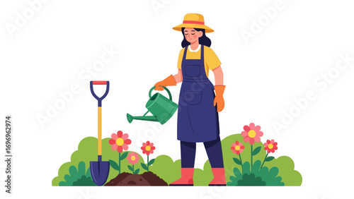 Gardening in Bloom: A woman tending a vibrant garden, watering flowers with care, evoking the joy and nurturing spirit of nature's embrace.