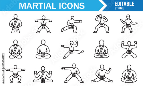 Editable karate icons set with martial arts stances, fighting poses, sparring actions, and self defense sport illustrations