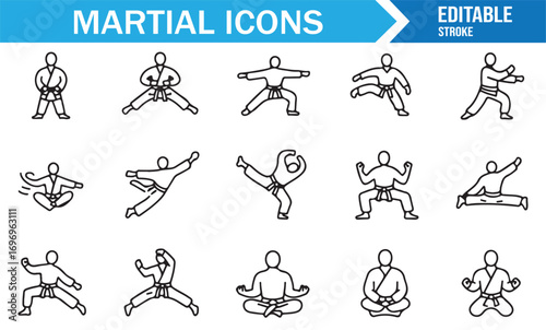 Vector martial arts icons pack showing karate kicks, punches, defense stances, and combat athlete practice movements