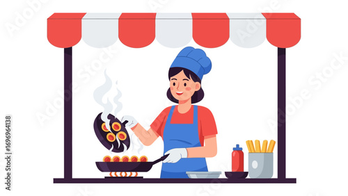 Culinary Craft at the Street Vendor: A skilled food vendor meticulously prepares delectable street food, showcasing the artistry and flavorful creations from a mobile cart.