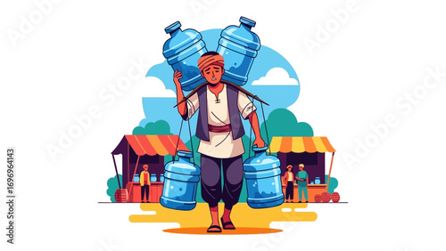 Water Carrier: A vendor skillfully balancing large water jugs across his shoulders, walking through a bustling marketplace. This illustrative scene shows the daily life and commerce.