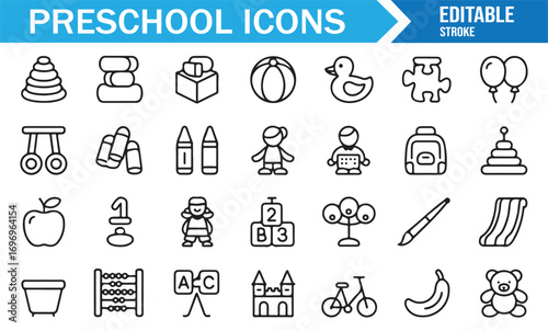 Preschool toy and education outline icons with crayons, ball, swing, abacus, and fruit for kindergarten learning vector set