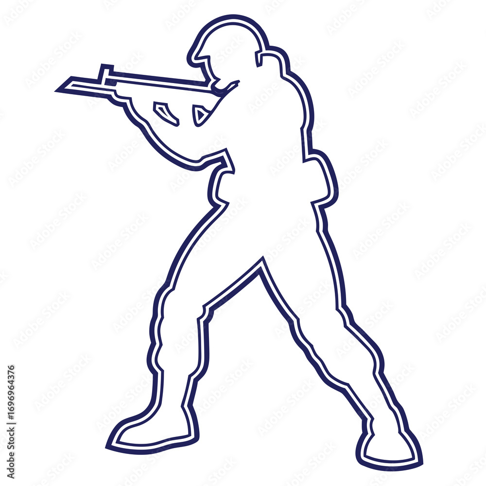 Fototapeta premium Silhouette of soldier aiming rifle dark blue outline on white military army