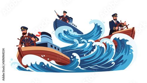 Maritime Adventure: A group of seafarers navigate a turbulent ocean in a series of vessels. Showcasing teamwork amidst the storm, it captures the essence of adventure and maritime spirit. 