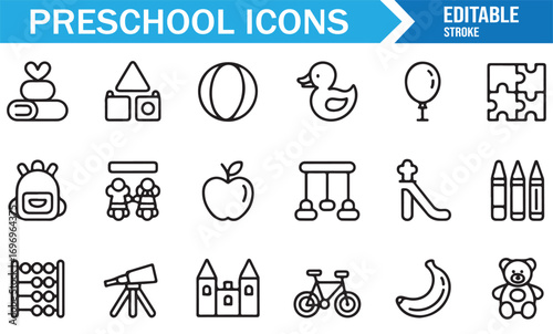 Collection of preschool and kindergarten icons including toys, fruit, abacus, swing, slide, and learning equipment