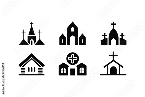 Black Silhouette Icons Depicting Churches, Chapels, a Hospital, and Religious Buildings in Vector Format
