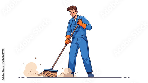 Cleaning Time: An illustration of a diligent cleaner, efficiently sweeping away dust and debris with a broom, showcasing dedication and the act of tidying up.