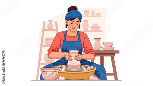 Creating Pottery: A skilled artisan meticulously crafts a delicate piece on a potter's wheel in a well-lit studio, capturing the essence of artistry and the beauty of handmade crafts.