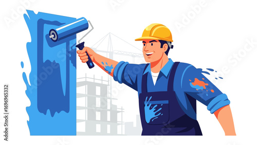 The Painter's Vision: A skilled craftsman in construction helmet meticulously paints a blue hue on a wall, embodying artistry and the construction process.